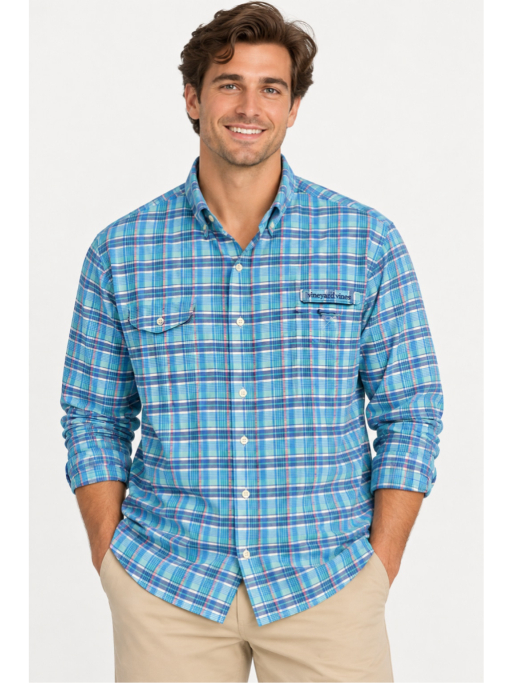 Vineyard Vines Harbor Shirt Men's L Plaid Performance Fishing Long Sleeve Blue
